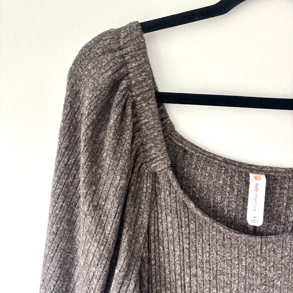Anthropologie Daily Practice Ribbed Grey Mini Sweater Dress Puff Sleeves Boho - Picture 4 of 11